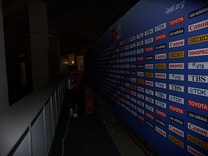 This is the mixed zone for Internet media unfortunately. Don't worry, they at least give us sweet seats by the finish line.