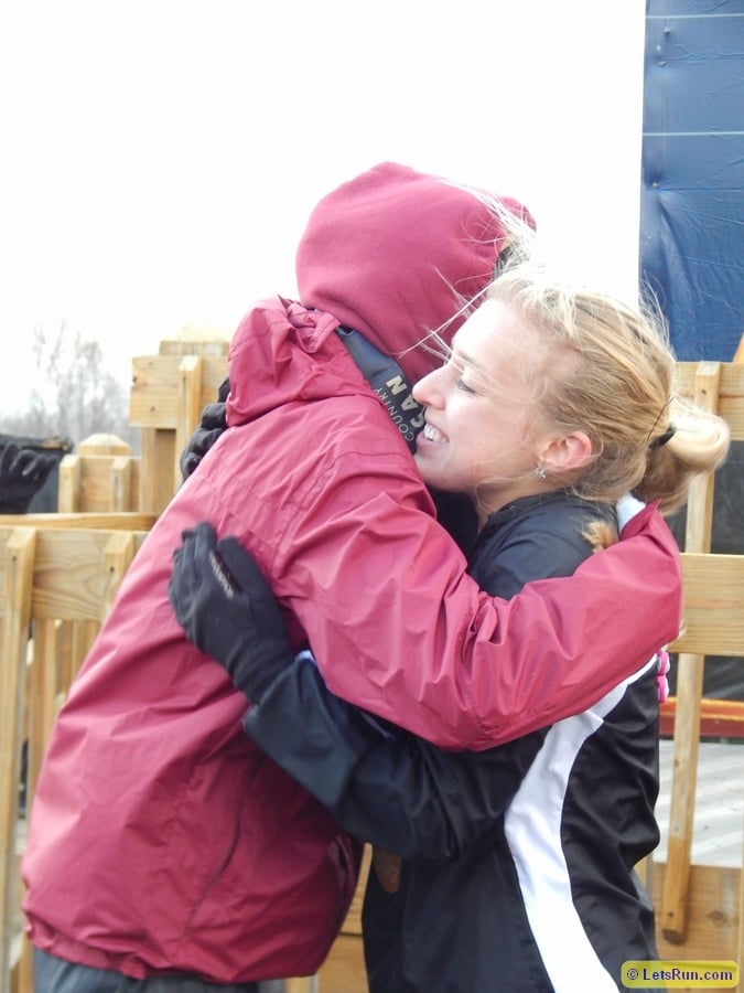 Providence's #1 Emilly Sisson (r) hugs Colleen Quigley