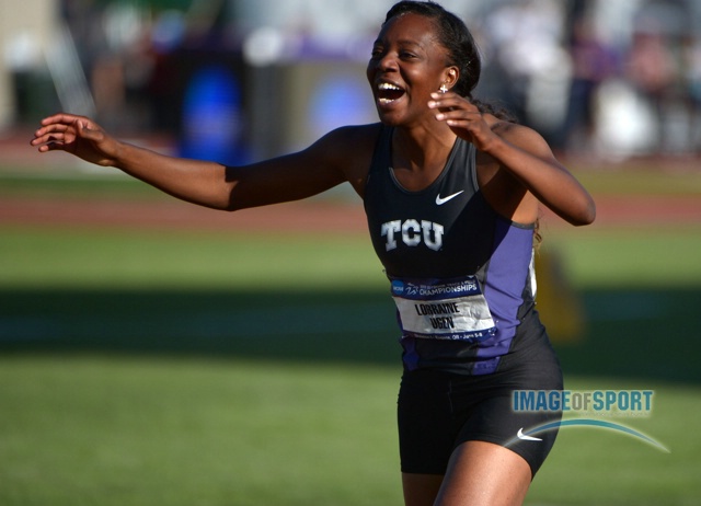 Lorraine Ugen of TCU Celebrates After Winning Long Jump