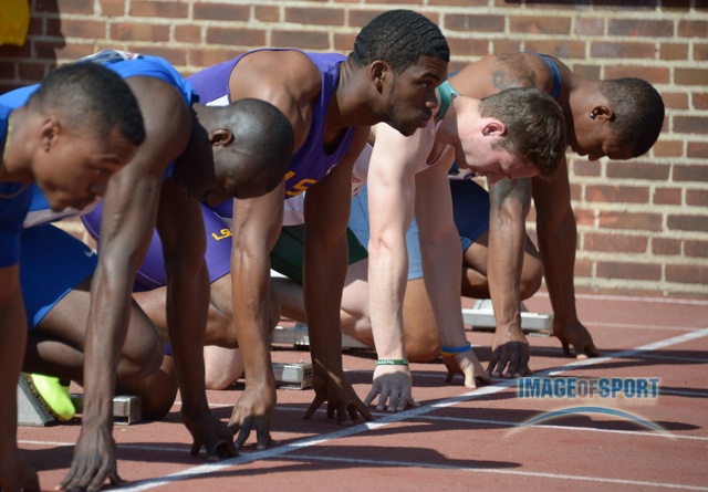 General view of Shermund Allsop of LSU in the starting blocks of a 100m heat