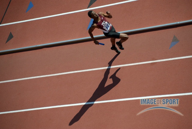 Deon Lendore casts a shadow on the anchor leg of the Texas A&M 4 x 400m relay that ran the fastest qualifying time of 3:03.60