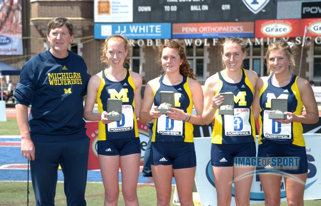 Michigan womens 4 x 1,500m relay team. Coach Mike McGuire, Amanda Eccleston and Rebecca Addison and Jillian Smith and Shannon Osika.