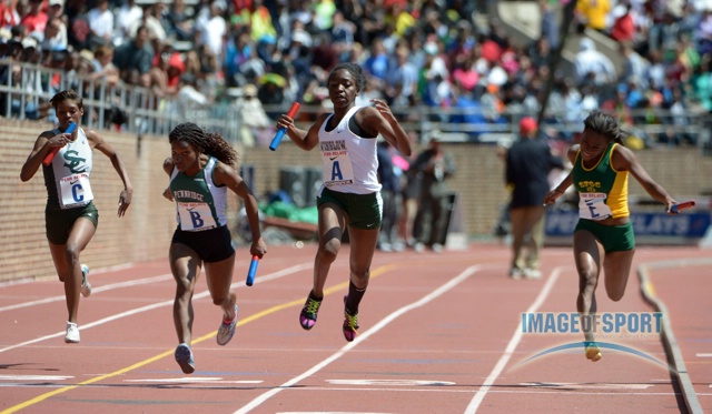 Christine Oguledo of Winslow (A) defeats Natalia Pinkney of Penn Ridge (B) on the anchor of the large school girls 4 x 100m relay