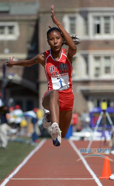 Shanieka Thomas of San Diego State wins the college womens triple jump championship at 44-8 (13.61m)