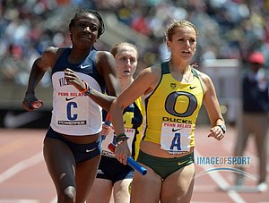 Nicky Akande of Penn State (C) and Anne Leblanc of Oregon lead the Championship of America womens 4 x 1,500m relay
