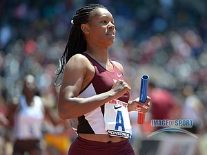 Ashley Collier reacts after running the anchor leg on the Texas A&M womens 4 x 100m relay