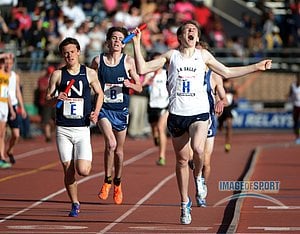 Tom Coyle of La Salle College (H) celebrates after defeating Mike Brannigan of Northport (E) and Tom Rooney of Christian Brothers (B) on the anchor of the high school DMR