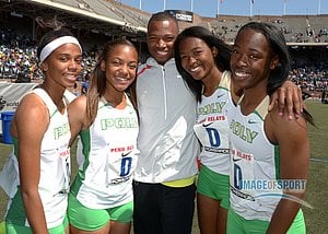 Long Beach Poly girls 4 x 100m relay team pose Joey Hughes (center) after finishing third in the Championship of America as the top United States team in 45.80 in the 119th Penn Relays at Franklin Field. From left: Maya Perkins and Jade Lewis and Hughes and Ariana Washington and Diamond Thomas.