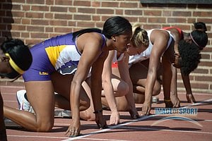 Toshika Sylvester of LSU in the starting blocks a womens 100m heat