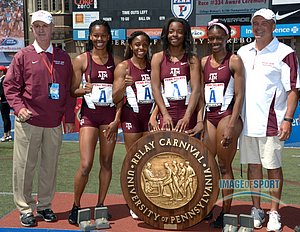 Coach Pat Henry (right) and sprints coach Vince Anderson with  Ashley Collier and Kimaria Brown and Ashton Purvis and LaKeidra Stewart