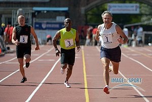 Alby Williams (1) wins the age 70 and over Masters 100m in 13.61  From left: Fred Edelstein (5), Richard Jones (3) and Williams.