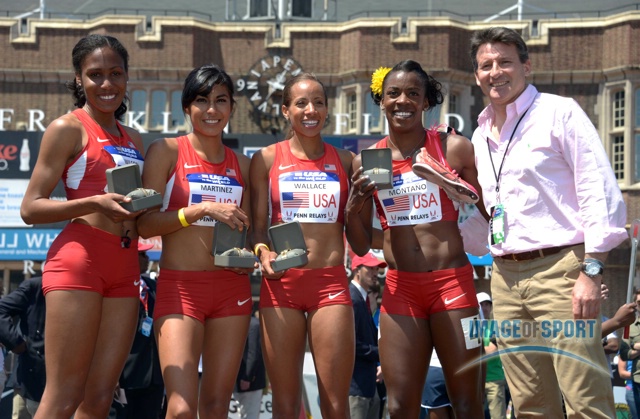Sebastian Coe poses with US women's 4 x 800m record team. Ajee Wilson, Brenda Martinez, Lea Wallace, Alysia Montano (l-r)