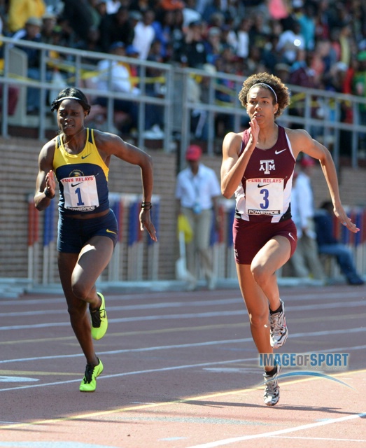 Olivia Ekpone of Texas A&M (3) defeats Elaine Thompson of UTech to win the college womens 100m championship, 11.37 to 11.54.