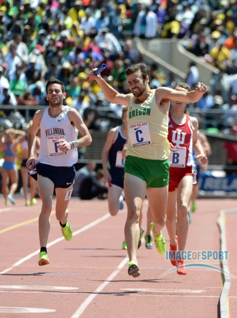 Mac Fleet celebrates for Oregon After Winning 4X Mile