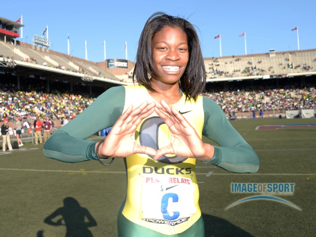 Phyllis Francis of Oregon poses after running the anchor leg on the Ducks womens 4 x 400m relay that set a Championship of America meet record of 3:26.73.