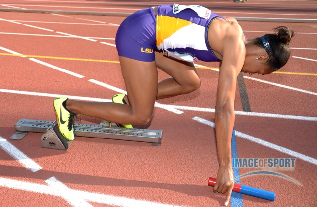 Siedda Herbert of LSU in the starting blocks of the Championship of America womens 4 x 400m relay.