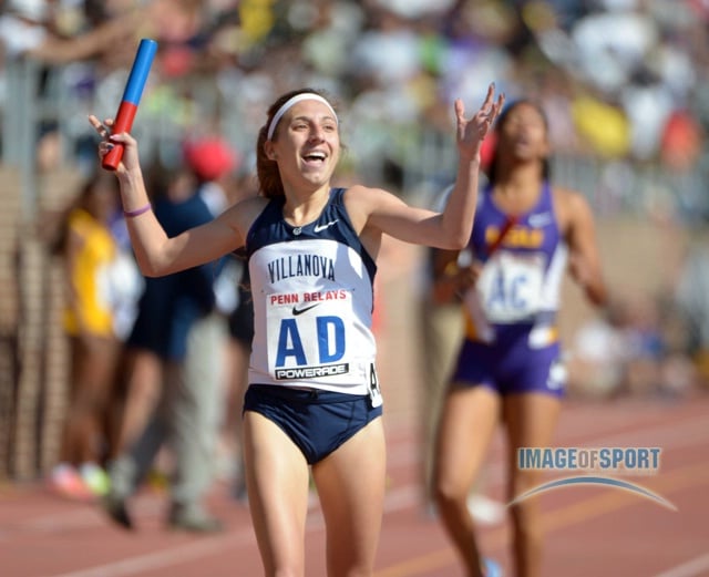 Emily Lipari celebrates after running the anchor leg on the Villanova womens 4 x 800m relay that won the Championship of America race in a collegiate record 8:17.45.