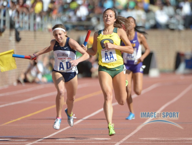 Emily Lipari of Villanova outleans Laura Roesler of Oregon on the anchor of the Championship of America womens 4 x 800m relay. Villanova won in a collegiate record 8:17.45 and Oregon was second in 8:17.62.
