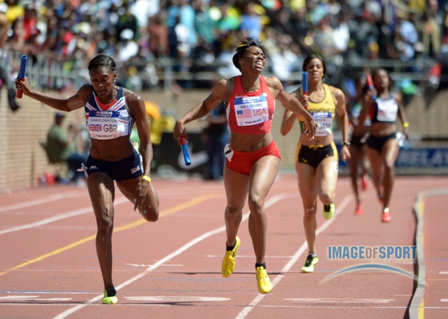 Francena McCorory of the USA Red team defeats Perri Shakes-Drayton (GBR) on the anchor of the USA vs The World womens 4 x 400m relay, 3:22.66 to 3:22.68.