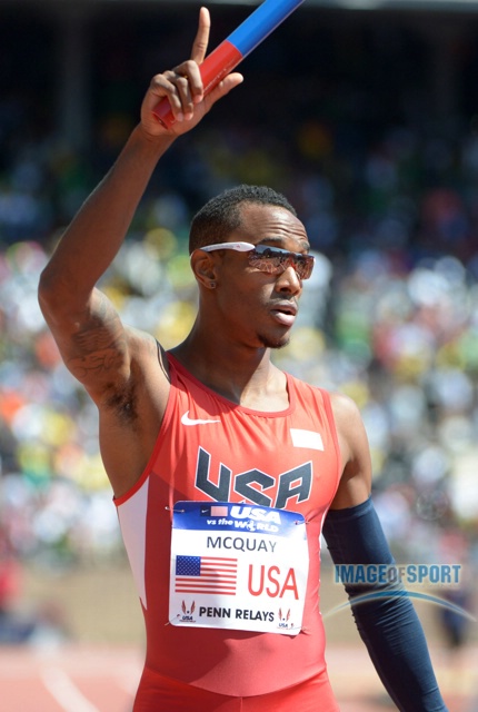 Apr 27, 2013; Philadelphia, PA, USA; Tony McQuay celebrates after running the anchor leg on the USA Red 4 x 400m relay that won the USA vs The World race in 3:00.91 in the 119th Penn Relays at Franklin Field.