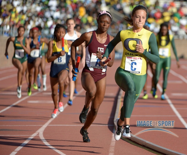 Laura Roesler of Oregon leads LaKeidra Stewart of Texas A&M on the third leg of the Championship of America womens 4 x 400m relay in the 119th Penn Relays at Franklin Field. Oregon won in a meet record 3:26.73.