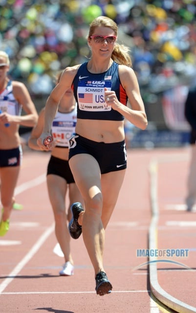 Alice Schmidt runs a leg on the USA Blue womens 4 x 800m relay in the USA vs The World race