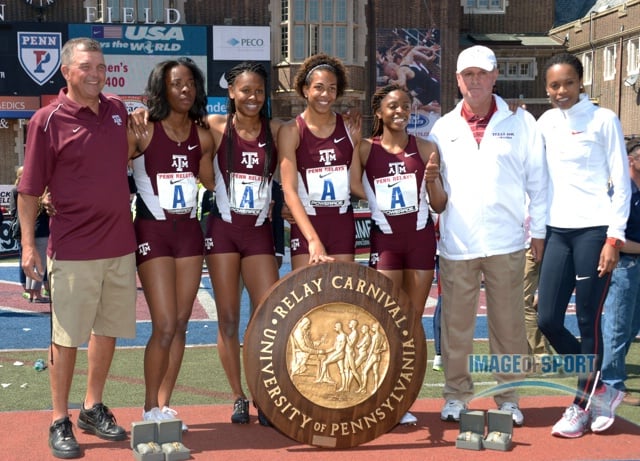 Texas A&M womens 4 x 200m relay after winning. From left: Sprints coach Vince Anderson and Ashton Purvis and Ashley Collier and Olivia Ekpone and Kimaria Brown and coach Pat Henry and Muna Lee.