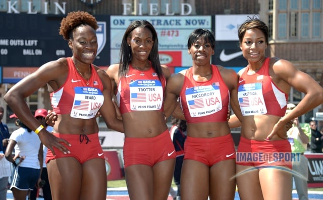 USA Red womens 4 x 400m relayafter winning the USA vs The World race in 3:22.66. From left: Jessica Beard and Dee Dee Trotter and Francena McCorory and Natasha Hastings.
