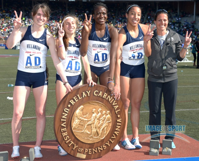 Villanova womens 4 x 800m.  Kelsey Margey and Emily Lipari and Nicky Akande and Angel Piccirillo and coach Gina Procaccio. (l-r_