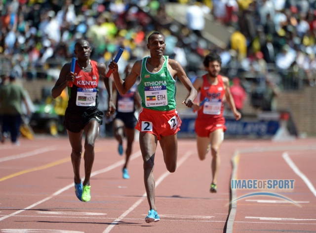 Aman Wote celebrates after winning DMR in 9:16.34