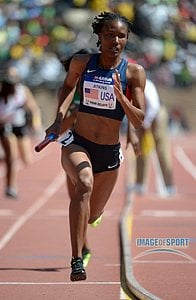 Joanna Atkins runs a leg on the USA Blue womens 4 x 400m relay in the USA vs The World race