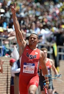Ryan Bailey celebrates after running the anchor leg on the USA Red 4 x 100m relay that won in 38.26 in the 119th Penn Relays at Franklin Field.