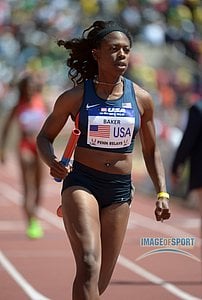 Keshia Baker runs a leg on the USA Blue womens 4 x 400m relay in the USA vs The World race in the 119th Penn Relays at Franklin Field.