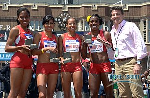 Sebastian Coe poses with US women's 4 x 800m record team. Ajee Wilson, Brenda Martinez, Lea Wallace, Alysia Montano (l-r)