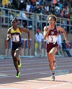 Olivia Ekpone of Texas A&M (3) defeats Elaine Thompson of UTech to win the college womens 100m championship, 11.37 to 11.54.