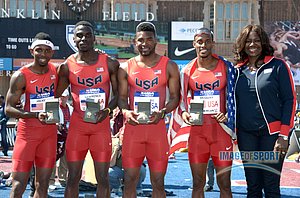 USA Track & Field chief of sport performance Benita Fitzgerald Mosley (right) poses with members of the USA Red 4 x 400m relay. From left: Bershawn Jackson and Manteo Mitchell and Torrin Lawrence and Tony McQuay and Fitzgerald Mosley.
