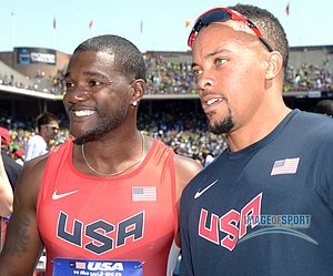 Convicted Drug Cheat Justin Gatlin (left) and Wallace Spearmon pose during the USA vs The World competition.