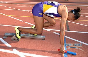 Siedda Herbert of LSU in the starting blocks of the Championship of America womens 4 x 400m relay.