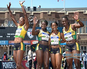 From left: Sherone Simpson and Anneisha McLaughlin and Shelly-Ann Fraser-Price and Kerron Stewart.