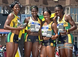 Sherone Simpson and Anneisha McLaughlin and Shelly-Ann Fraser-Price and Kerron Stewart.