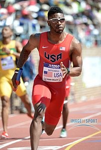 Apr 27, 2013; Philadelphia, PA, USA; Manteo Mitchell runs the second leg on the USA Red 4 x 400m relay that won the USA vs The World race in 3:00.91 in the 119th Penn Relays at Franklin Field.