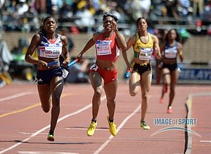 Francena McCorory of the USA Red team defeats Perri Shakes-Drayton (GBR) on the anchor of the USA vs The World womens 4 x 400m relay, 3:22.66 to 3:22.68.
