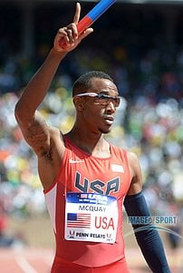 Apr 27, 2013; Philadelphia, PA, USA; Tony McQuay celebrates after running the anchor leg on the USA Red 4 x 400m relay that won the USA vs The World race in 3:00.91 in the 119th Penn Relays at Franklin Field.