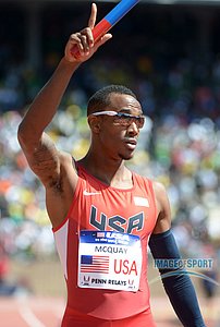Apr 27, 2013; Philadelphia, PA, USA; Tony McQuay celebrates after running the anchor leg on the USA Red 4 x 400m relay that won the USA vs The World race in 3:00.91 in the 119th Penn Relays at Franklin Field.