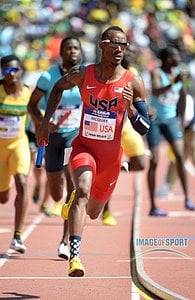 Apr 27, 2013; Philadelphia, PA, USA; Tony McQuay runs the anchor leg on the USA Red 4 x 400m relay that won the USA vs The World race in 3:00.91 in the 119th Penn Relays at Franklin Field.