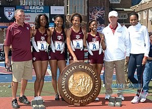 Texas A&M womens 4 x 200m relay after winning. From left: Sprints coach Vince Anderson and Ashton Purvis and Ashley Collier and Olivia Ekpone and Kimaria Brown and coach Pat Henry and Muna Lee.