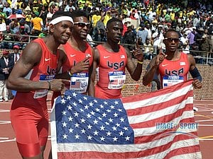Members of the USA Red team pose after winning the  in 3:00.91. From left: Bershawn Jackson and Manteo Mitchell and Torrin Lawrence and Tony McQuay.