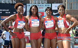 USA Red womens 4 x 400m relayafter winning the USA vs The World race in 3:22.66. From left: Jessica Beard and Dee Dee Trotter and Francena McCorory and Natasha Hastings.