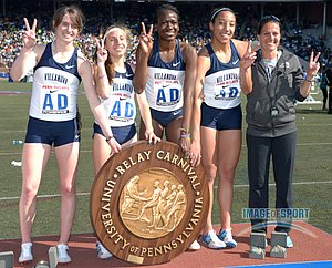 Villanova womens 4 x 800m.  Kelsey Margey and Emily Lipari and Nicky Akande and Angel Piccirillo and coach Gina Procaccio. (l-r_