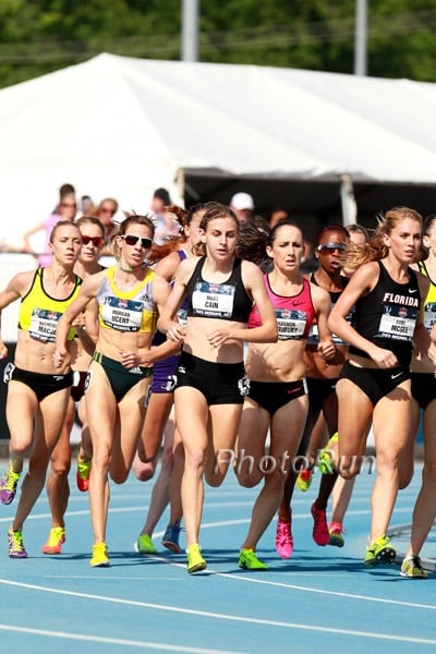 Morgan Uceny (Yellow) and Mary Cain  in the Women's 1500m Final